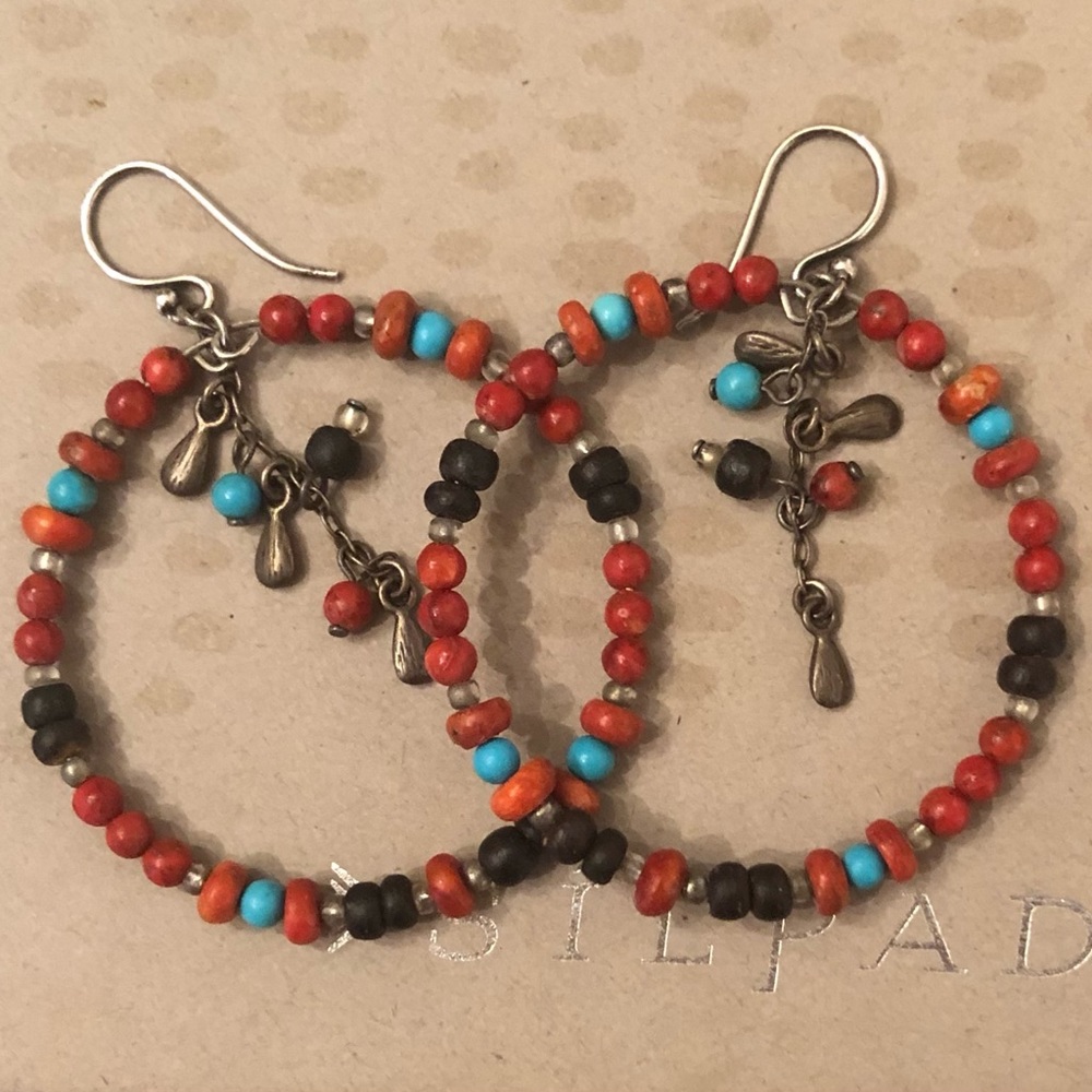 Vintage Silpada Sterling Silver Sponge Coral Turquoise Bead Hoop Earrings W1350